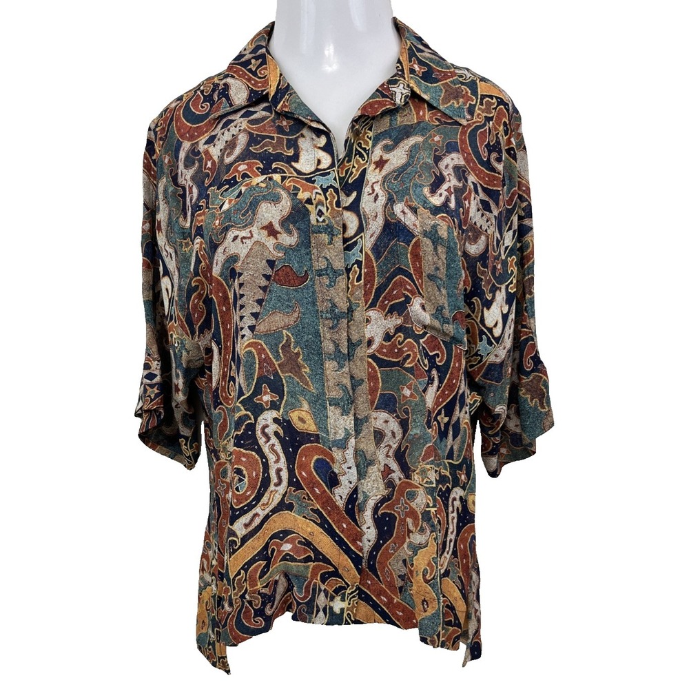 Peruvian Connection Tormina Top Size L Colorful Button Up Short Sleeve High Low